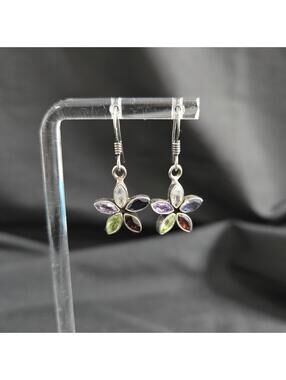 Vintage Sterling Silver Multi Gem Flower Earrings 925 Dangle Garnet Peridot